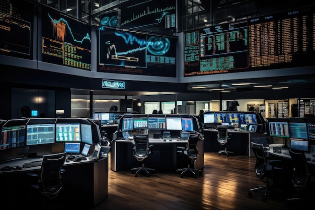 stock exchange trading room with computers and stock market data on screen bustling trading floor with multiple monitors displaying real time financial data and stock market ai generated