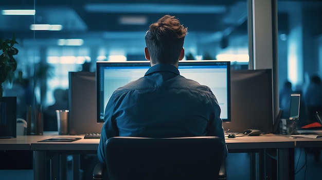 Stock Trader Man Using Multiple Monitors while working at night Back viewCreated with Generative AI technology