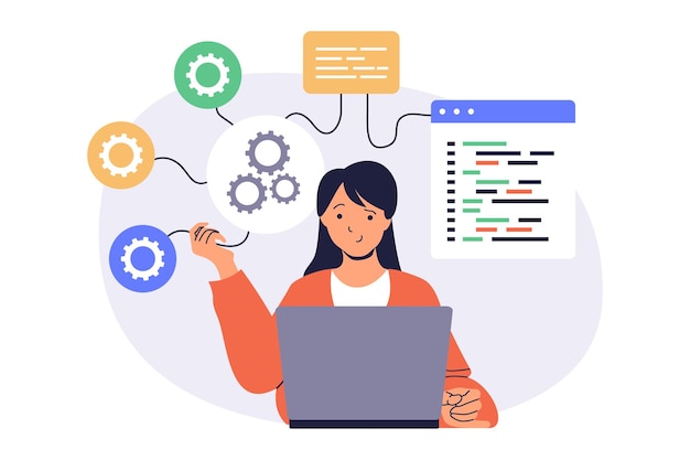 system administrator web concept with flat cartoon people for website design woman monitoring server infrastructure at laptop checks problems doing maintenance and settings vector illustration