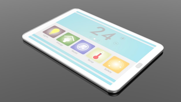 Tablet with smart home remote control screen isolated on black background