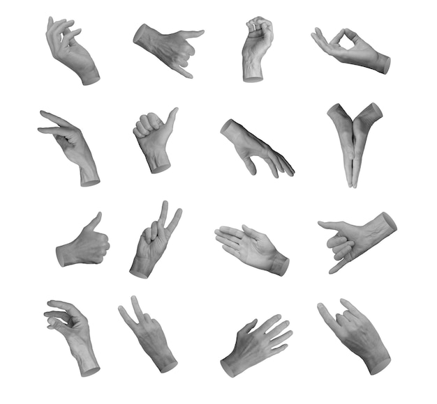 Taking grabbing different gestures hand signs finger symbols body language isolated on white
