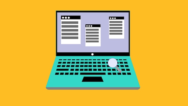 Teal Laptop with Multiple Windows on Yellow Background