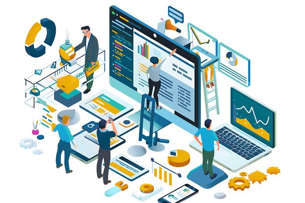 Team of developers working on a website project with charts and graphs