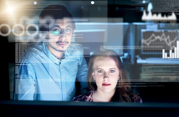 Team people and coding overlay at night for web research software programmer and digital interface Staff it and futuristic hub with dashboard programming interactive code and computing deadline