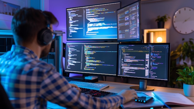 tech enthusiast coding at midnight with multiple monitors displaying code for remote work concept