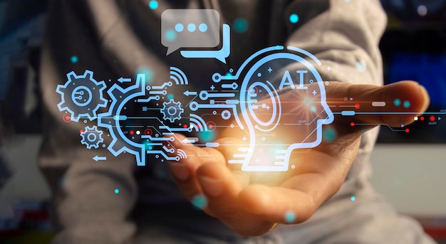 Technology ai artificial intelligence A person who uses artificial intelligence AI smart robot technology by inputting commands to create something Futuristic technological changes Chat with AI