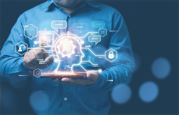 Technology chatbot assistant conversation digital online Artificial intelligence AI innovative to future global internet communication application Businessman use chatbots to assist conversation