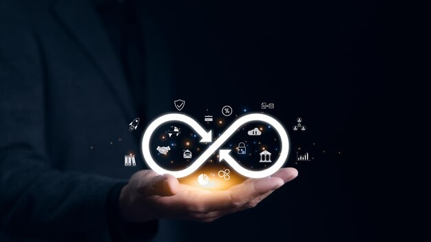 Technology data link concept Businessman hand holding virtual infinity with business technology icon for sign of connection to community metaverse world network system concept Digital marketing