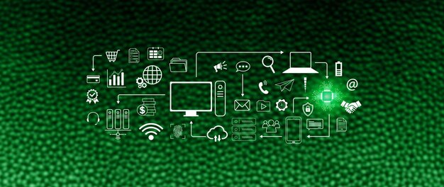 Technology equipment and line interface icons Computer system resources and data storage Cloud service technology marketing and business concept for background