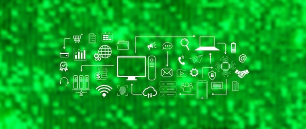 Technology equipment and line interface icons Computer system resources and data storage Cloud service technology marketing and business concept for background