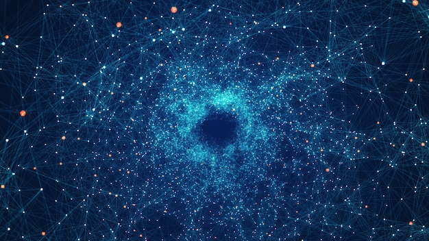 Technology Network Background Concept. A Flying Through Digital Data Tunnel, Made Of Digital Nodes And Connection Paths. Digital, Communication, And Technology Network Background.
