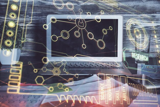 Technology theme drawing and table with computer Multi exposure Concept of information