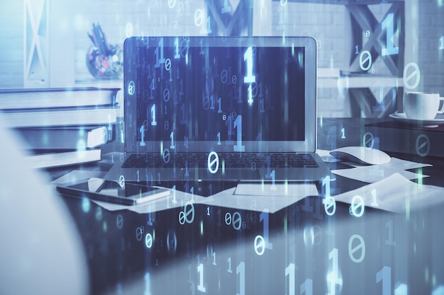 Technology theme drawing and work space with computer Double exposure Concept of innovation