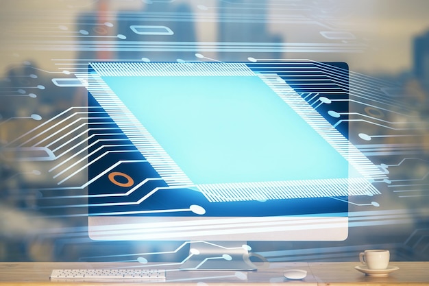 Technology theme drawing and work space with computer Multi exposure Concept of innovation