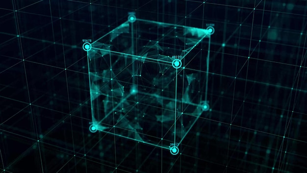 Teknologi blockchain-koncept. Dynamisk bevægelse af en digital datastrøm. Netværksforbindelsesstruktur. Big data-visualisering. 3D-rendering
