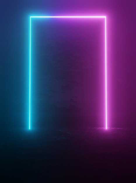 Teknologisk och futuristisk abstrakt blå och lila neonformer på svart bakgrund över reflekterande material med tomt utrymme för text 3D Illustration Rendering Copy space concept