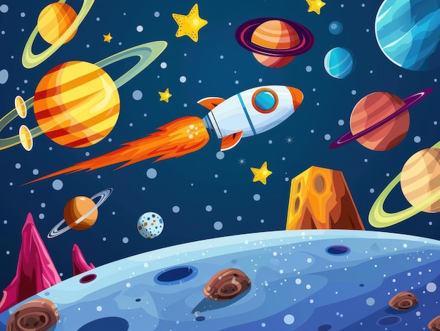 Template featuring a cosmic scene with stars planets and a spaceship exploring the galaxy