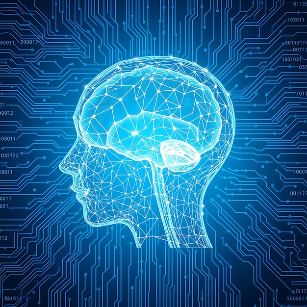 the brain visiblesurrounded by code and circuit board patterns in shades depicting artificial intel