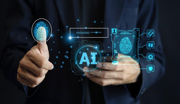 The businessman is using advanced AI technology and biometric security systems such as fingerprint scanning to enhance data protection and streamline digital operations
