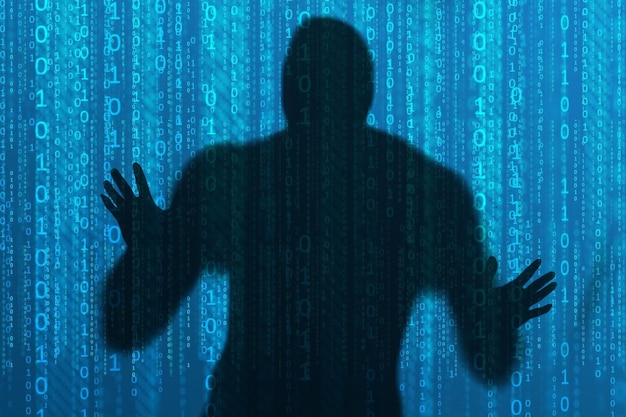 The concept of instability in computer networking Shadow of a thief with binary or digital background stealing information in the network