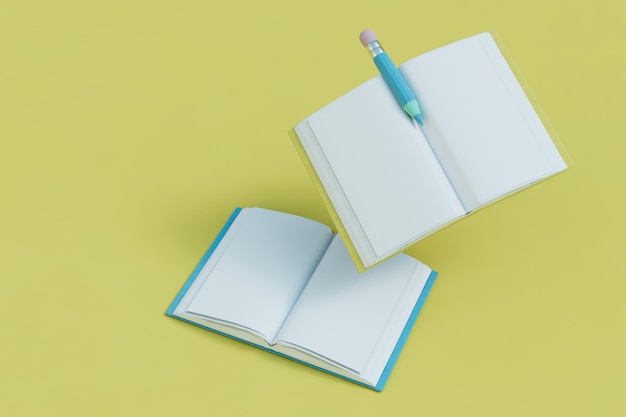 The concept of learning from books open books and a pencil on a yellow background copy paste