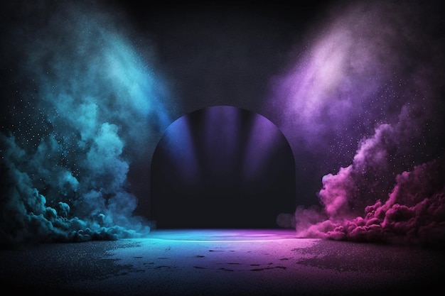 The dark stage shows empty dark blue purple pink background neon light