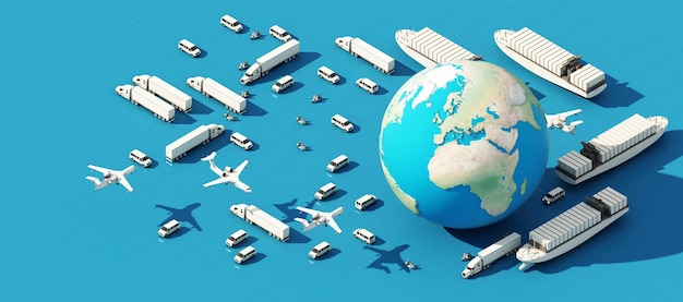 the Earth world map surrounded by cardboard boxes a cargo container ship a flying plane a car a van and a truck with gps location on blue background 3D rendering isometric view