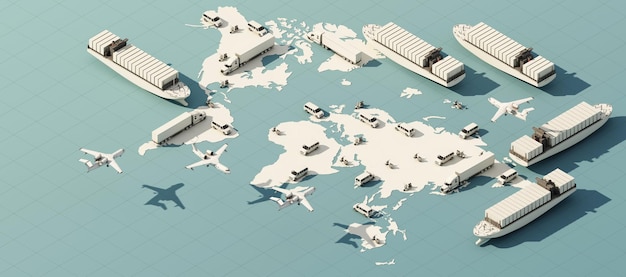the Earth world map surrounded by cardboard boxes a cargo container ship a flying plane a car a van and a truck with gps location on blue background 3D rendering isometric view