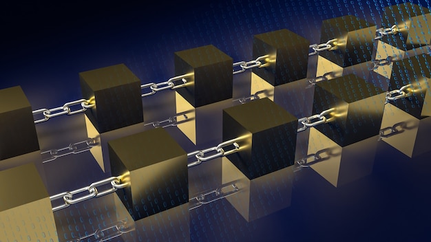 The gold block  and chain for blockchain technology concept 3d rendering