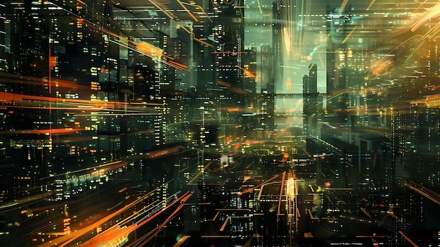 The image is a dark and mysterious cityscape The city is full of tall buildings and skyscrapers all of which are lit up by bright lights
