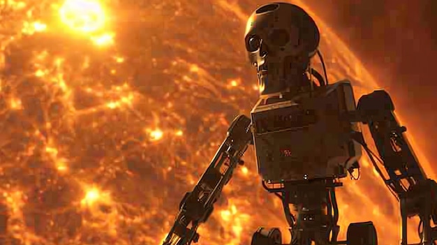 The image is a depiction of a robot standing on a barren rocky planet The robot is made of metal and has a skulllike head