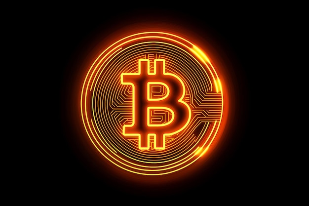 The image presents a minimalistic illustration of a glowing bitcoin outline
