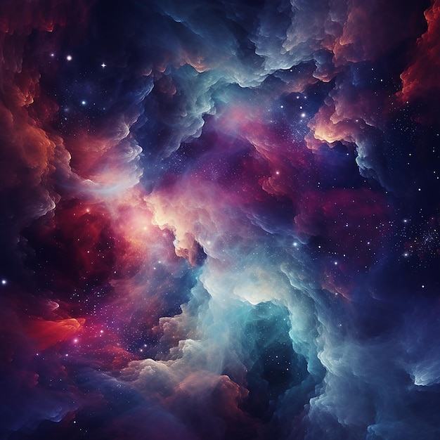 the image shows an abstract background representing outer space with endless nebulae and galaxies
