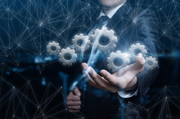 The manager shows the mechanism of business management on a dark background