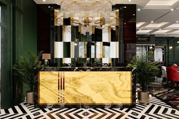 The modern restaurant has a bill and bar counter feature with a black and golden accent