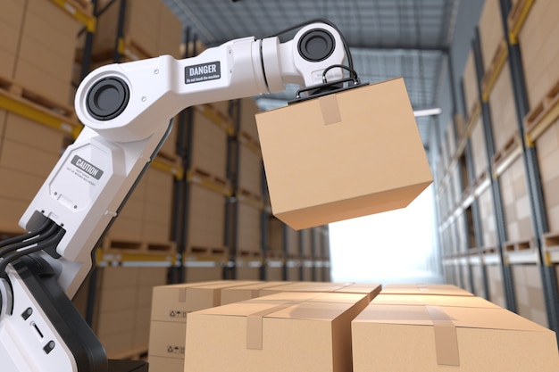 The Robot arm picks up the cardboard box in the warehouse