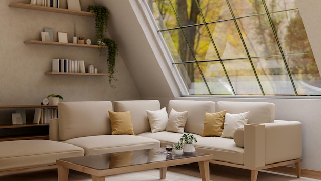 The set of a wooden table with glass top and fabric sofa under roof window in the room corner