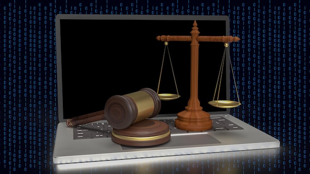 The wood hammer and libra for digital law concept 3d rendering
