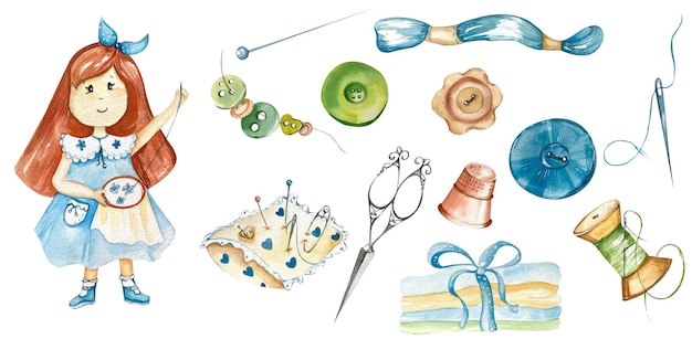 Theme Sewing Handicrafts Cute Girl Seamstress with Tailoring Tools Pincushion Fabric Scissors Buttons Threads Pins Watercolor Illustration For Websites Handicrafts Sewing Tools Packaging