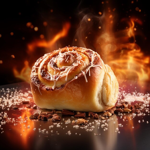 there is a cinnamon roll on a table with a fire in the background generative ai