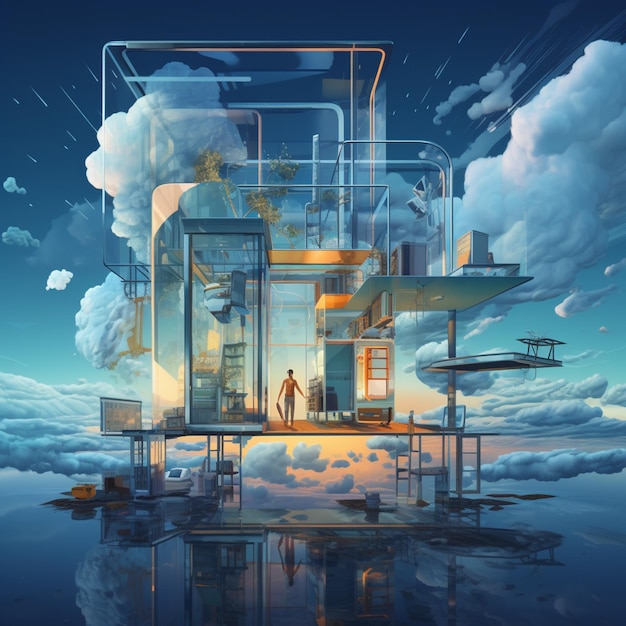 there is a man standing on a platform in the middle of a building generative ai
