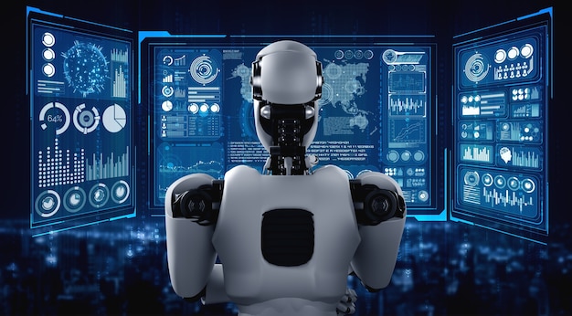 Thinking AI humanoid robot analyzing hologram screen showing concept