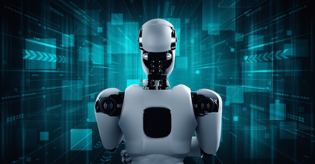 Thinking AI humanoid robot analyzing information data