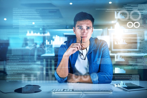 Thinking coder and man in office night and overlay of interface keyboard and software Dark dashboard and programmer for agency information technology and ideas for programming of data in web