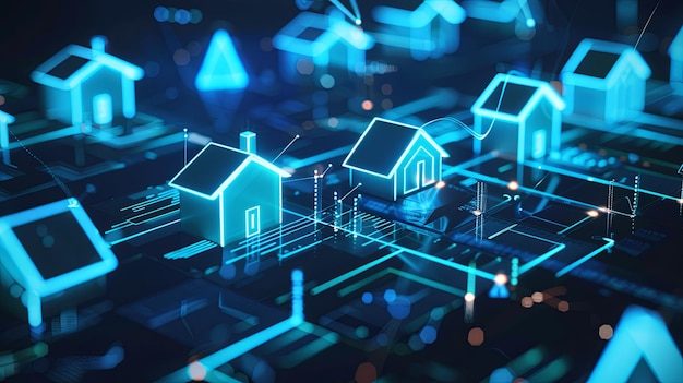 this digital model visually represents smart housing data analytics with glowing blue houses and ascending graphs that show technological advancement