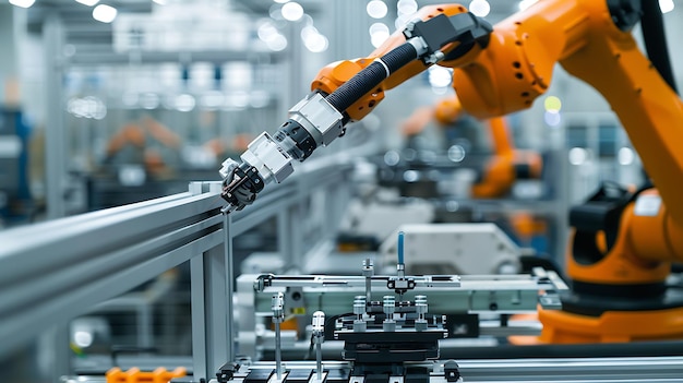 This is an industrial robotic arm in a factory It is orange and black with a long jointed arm and a suction cup on the end