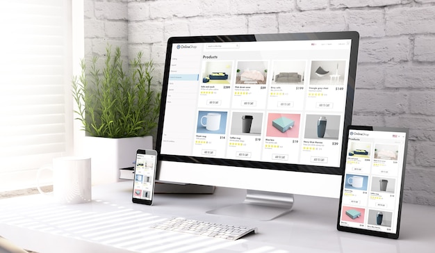 three mockup devices showing online shop website on a desktop 3d rendering