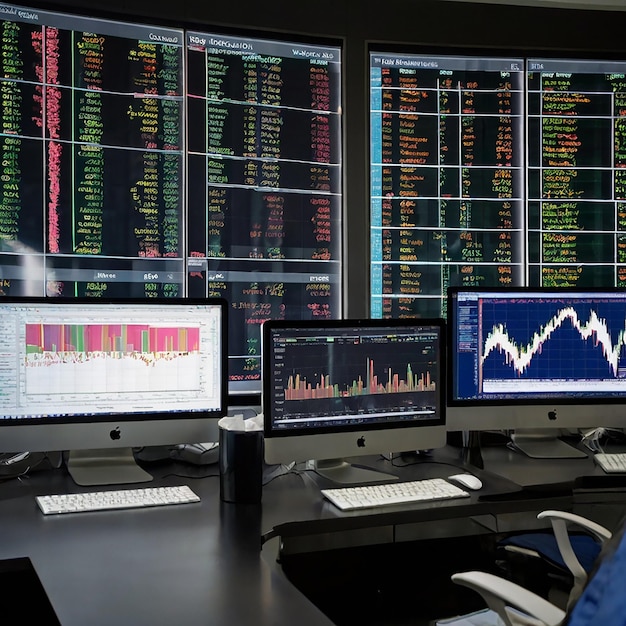 three monitors are on a desk with a graph showing the word graph