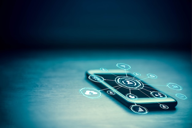Tingenes internet futuristisk AI teknologi med virtuel ikoner interface koncept sky sociale medier