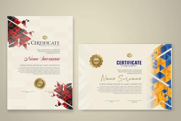 To sæt certifikatskabeloner med dynamisk og futuristisk polygonal farve og moderne baggrund